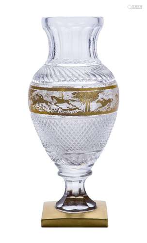 A large Continental glass and gilt heightened vase, early 20th century, the body with acid-etched