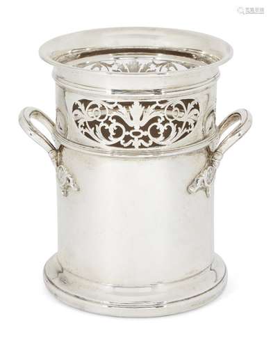 A tall silver bottle coaster by Mappin & Webb, Sheffield, c.1949, of cylindrical form with turned