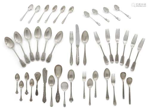 A mixed quantity of silver flatware, including: a matched set of six each Victorian silver dessert