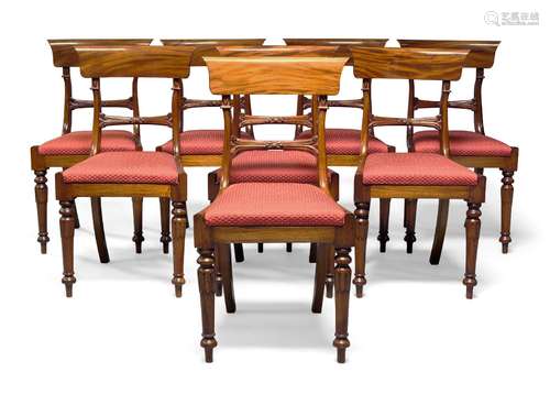 A set of eight Regency style mahogany bar back dining chairs, late 20th Century, with shaped bar