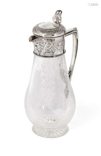 A Victorian silver mounted glass ewer, Sheffield, c.1875, W & G Sissons, the body etched with ivy