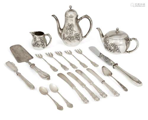 A German silver three-piece bachelor tea set, comprising teapot, hot water pot and milk jug, all