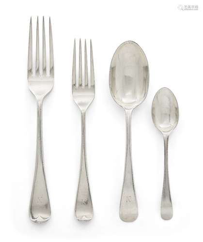 A matched part-set of Old English pattern silver flatware, comprising: twelve each dessert spoons,