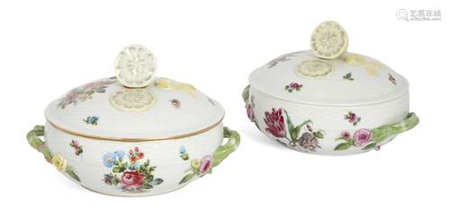 A pair of Herend circular tureens with covers in the Printemps pattern, each with ozier border to