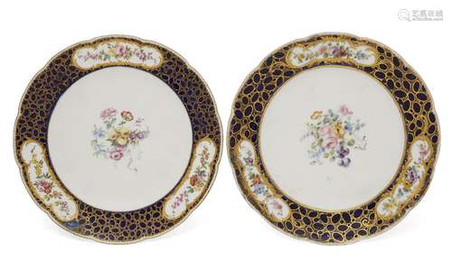 A pair of Sevres porcelain shaped plates, 18th century, decorated to the centre with large sprays of