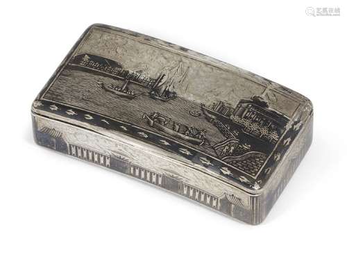 A 19th century Russian silver and niello tobacco box, assay master Nikolai Lukich Dubrovin (