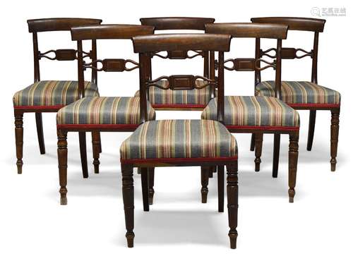 A set of six Regency cherry wood bar back dining chairs, with splat rail centred by rectangular