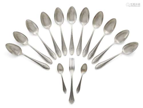 A set of eleven German 800 silver table spoons, with thread pattern edge and shaped terminals, ten