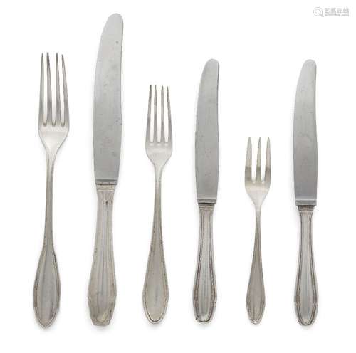 A part set of German 800 silver flatware comprising: six table forks, six dessert forks, five pastry