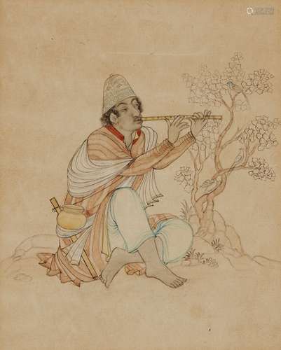 A Safavid style painting of a dervish fluting, Iran, 20th century, opaque pigments and ink on