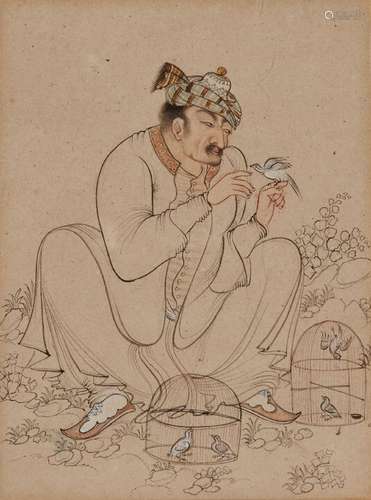 A Safavid style painting of a man with his birds, Iran, 20th century, opaque pigments and ink on