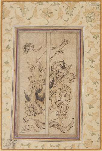 An ink drawing of combatant animals, Iran, 17th century, ink on paper, depicting two lions grappling