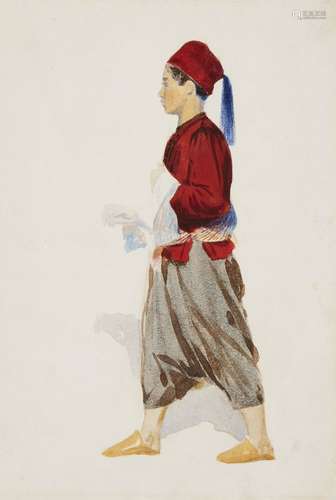 A watercolour painting of a young boy, European, 19th century, opaque pigments on paper, wearing a