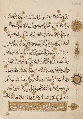 A large Qur’an folio, Iran, 13th century, Qur’an LIV (sura al-qamar), vv.20-55, including the