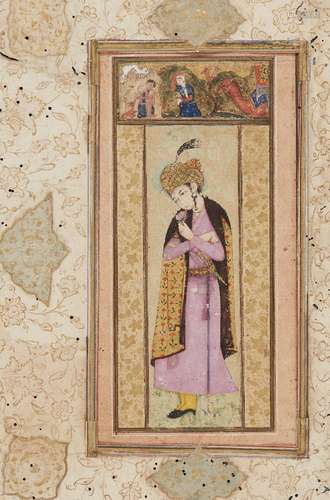 A Safavid portrait of Shah Abbas (1571-1629) as a young man, Iran, c. 1590, with a scene from