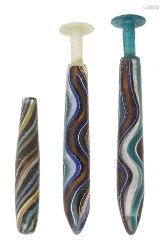 Three Roman mosaic colour band glass perfume bottles, two with stoppers, early Imperial, 1st half of