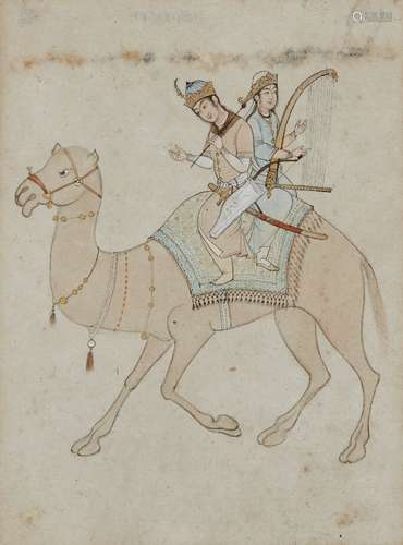 A Safavid style painting of two camel riders, Iran, 20th century, opaque pigments and ink on paper