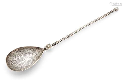 An Ottoman silver spoon, Turkey, circa 1880, with twisted stem and animals engraved to bowl,