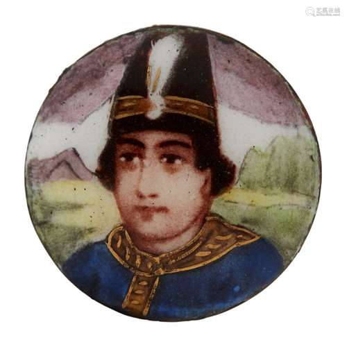 A miniature portrait in enamel on copper of a Qajar prince, Iran, 19th century, of disc form,