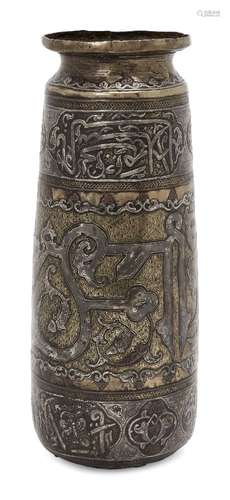 A Cairoware silver and copper-inlaid cylindrical brass vase, Egypt, 19th century, with large