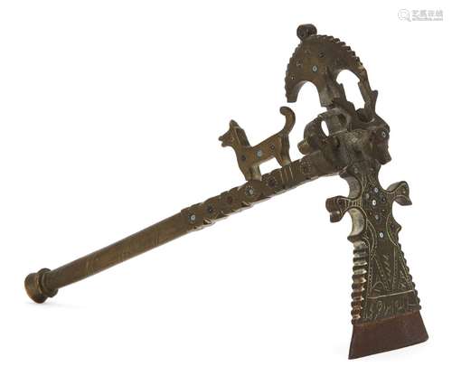 A small bronze axe or sugar cane cutter, Iran, early 20th century, with long handle surmounted by