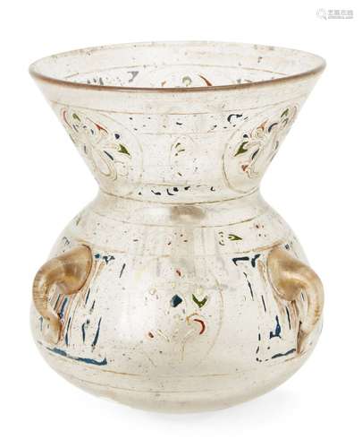 An enamelled and gilt-decorated glass mosque lamp, Egypt or Syria, 18th-19th century, of typical