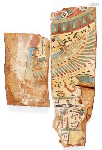 Two adjoining Egyptian polychrome gesso painted wood panels, 3rd Intermediate Period circa 800-700
