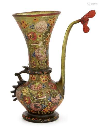 A painted green glass ewer, Iran, early 19th century, on spreading foot, the globular body rising in