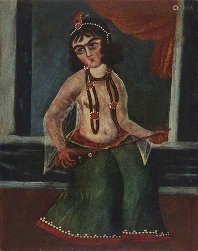 A Qajar oil painting of a young female musician, Iran, late 19th century, depicted wearing a