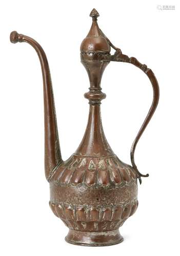 A large tinned copper ewer, probably Bukhara, Central Asia, 18th century, on a short spreading foot,