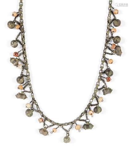 A Bedouin shell and coral set silver necklace, 18th century, North Africa, the link chain strung