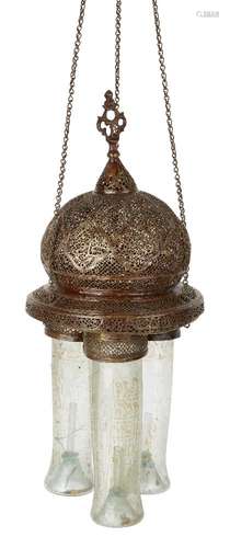 A Mamluk Revival brass hanging lantern, Turkey or Syria, 19th century, with bulbous onion-shaped