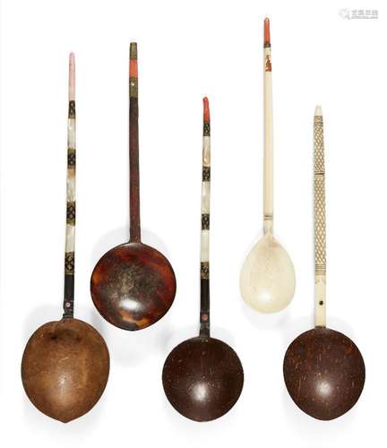 Five Ottoman sherbet spoons, Turkey, 19th century, with long ivory handles, one with a coral finial,