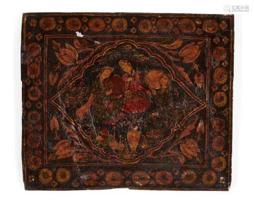 A lacquered and painted wood panel, Iran, late 18th-19th century, of rectangular form, the central