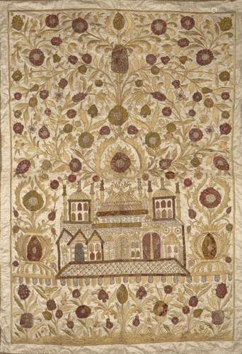 An Ottoman hanging panel, Turkey, circa 1870-80, the ivory satin rectangular field embroidered in