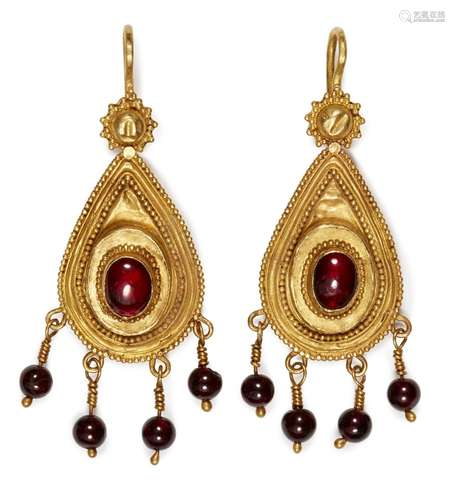 A pair of Hellenistic-style gold earrings, 20th century, of teardrop form set with central garnet