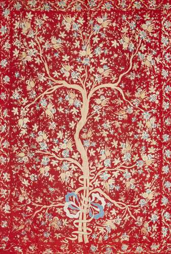 An Ottoman embroidered coverlet, Turkey, first half 19th century, the underlying red ground finely