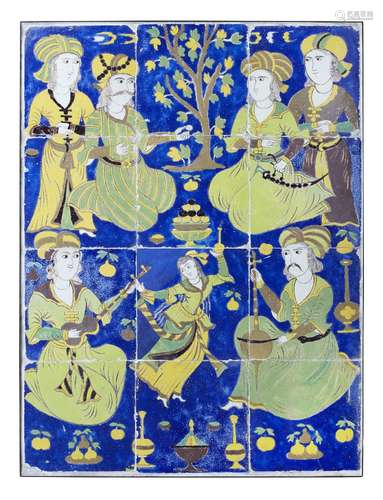 A large Safavid cuerda seca tile panel, Iran, late 17th century, depicting courtiers, musicians