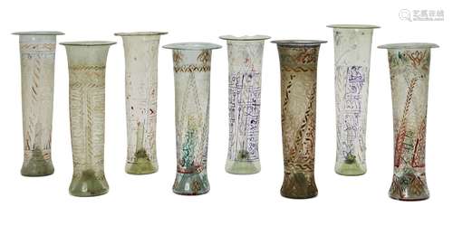 A group of eight 8 pale-green glass tubes for lamp, Egypt or Turkey, of tubular form with everted