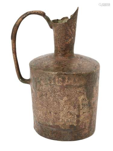 An Ilkhanid or Timurid bronze jug with later added figural scenes, 13th-14th century and 19th