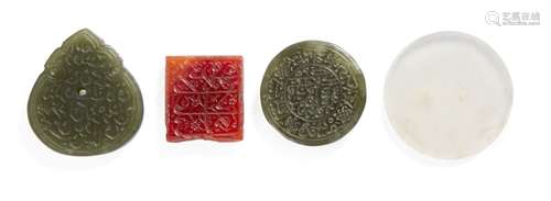 Three Persian hardstone seals and an intaglio, Iran, 15th-19th century, including a green