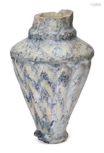 A ribbed conical pottery vessel with zigzag cobalt motifs, possibly Syria or Iran, 16th century or