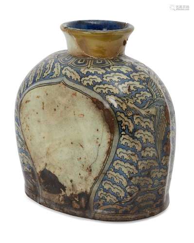 A large Safavid blue and white cloud motif pottery flask, Iran, 17th century, with flattened