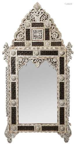 A large Ottoman mother-of-pearl and bone inlaid mirror, Syria, late 19th century, 93cm. wide x