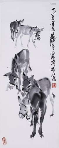 CHINESE INK ON PAPER PAINTING OF DONKEYS