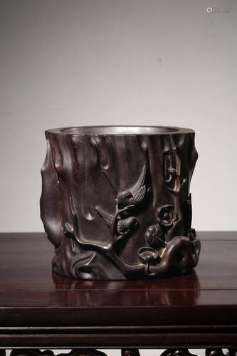 CHINESE HARDWOOD CARVED BRUSH POT