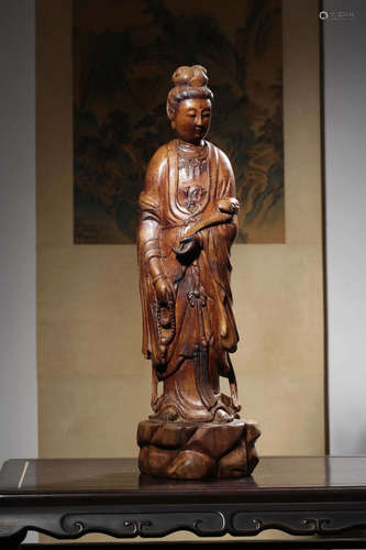 CHINESE HARDWOOD CARVED STANDING GUANYIN