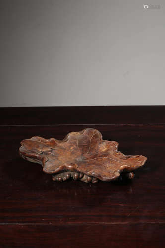 CHINESE HARDWOOD CARVED LOTUS LEAF INK PALETTE