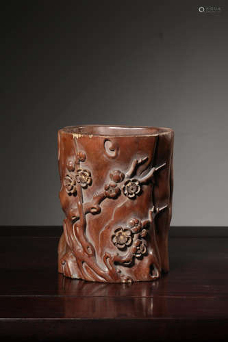 CHINESE HARDWOOD CARVED BRUSH POT