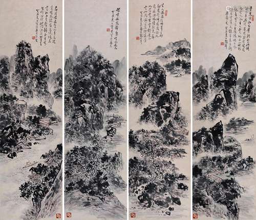 CHINESE LANDSCAPE SCROLL PAINTING, SET OF 4